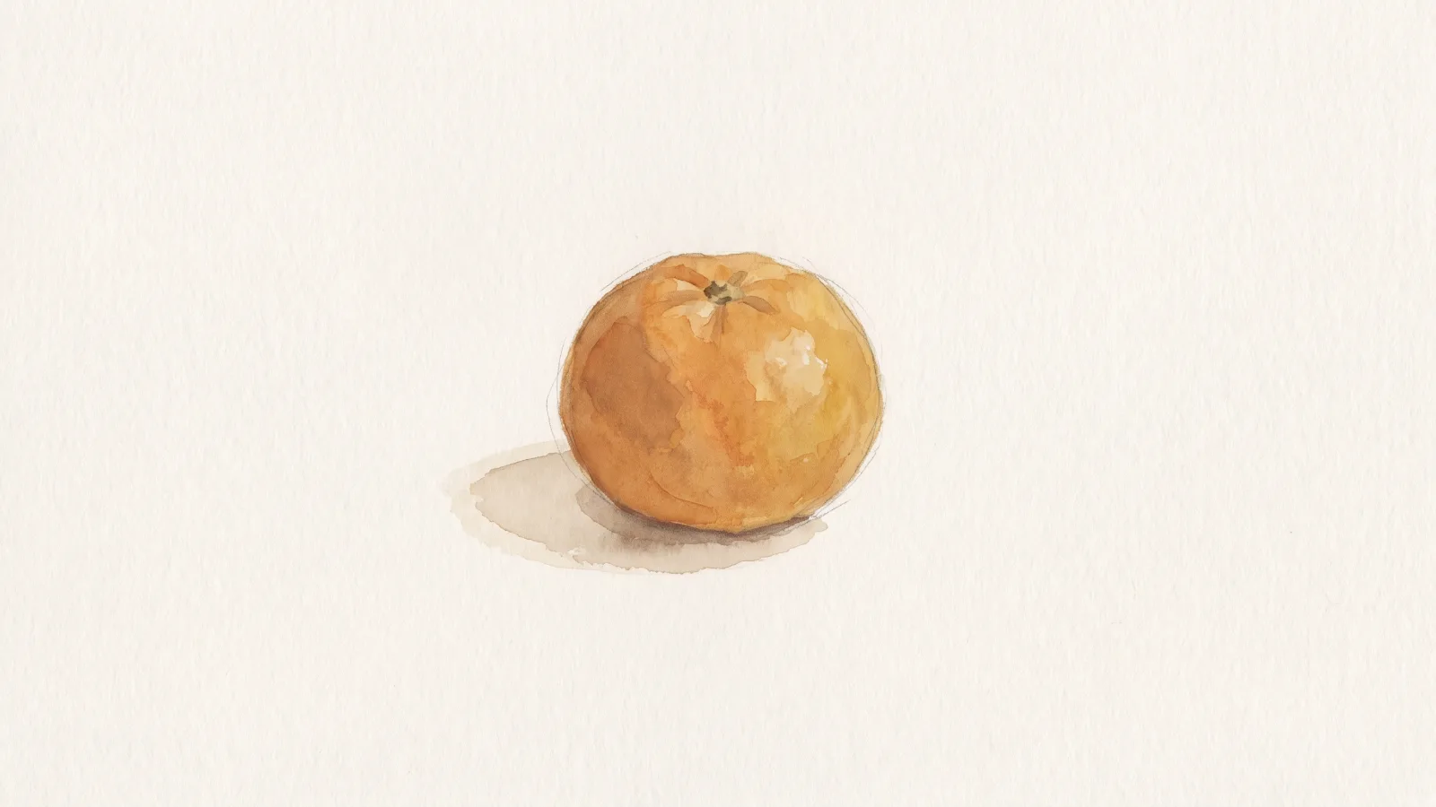 One ordinary mandarin on a bare pale surface, watercolour.