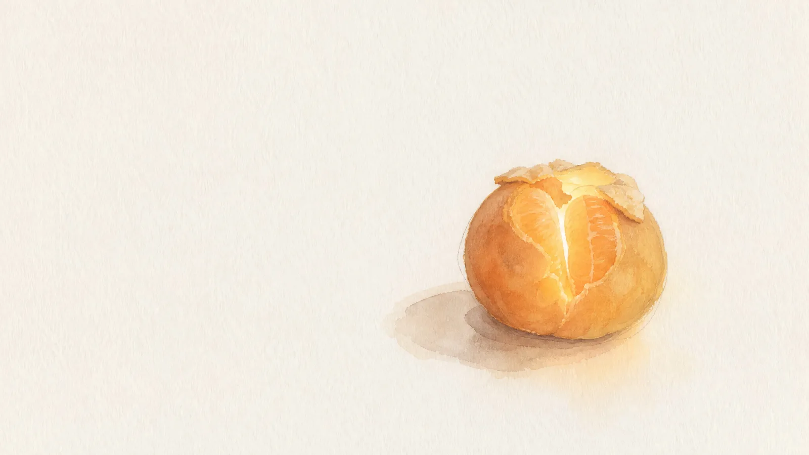 The same mandarin with its peel opened at the top and two segments eased apart, warm light coming out through the gap, watercolour.