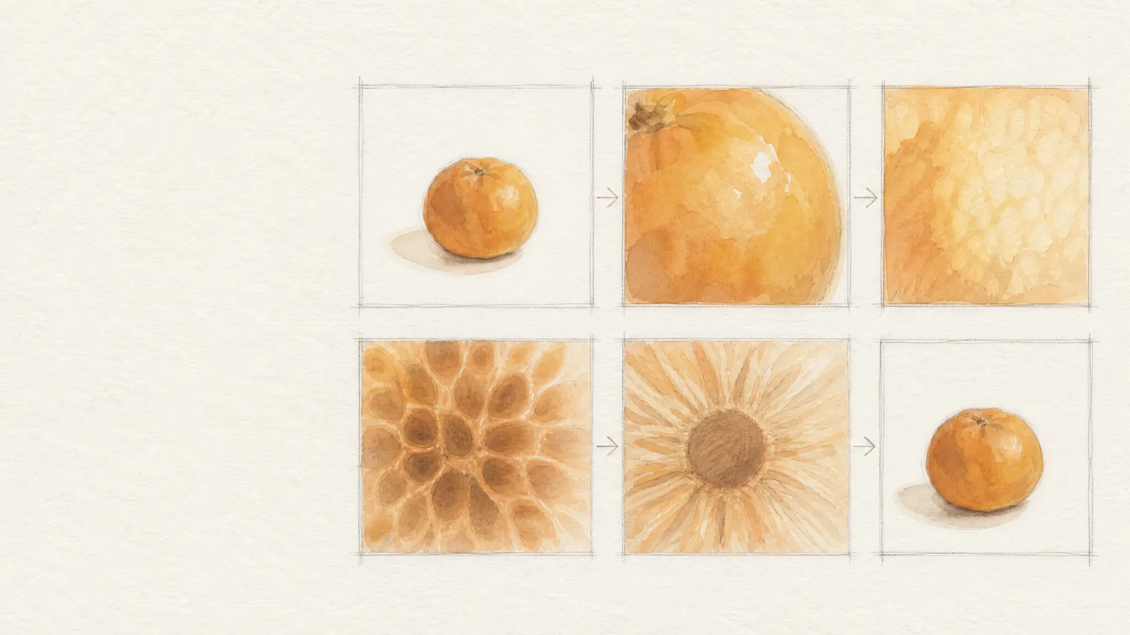 A storyboard sheet: six pencil frames of the same mandarin, each closer than the last, the sixth back to the whole fruit, watercolour.